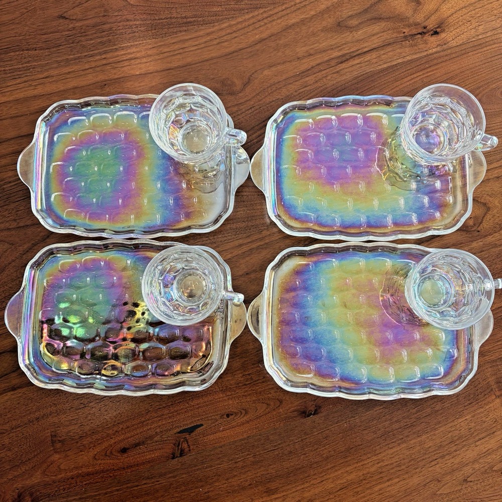 Federal Glass Colonial Thumbprint Iridescent Snack Tray Set 8pc Vintage 1960s
